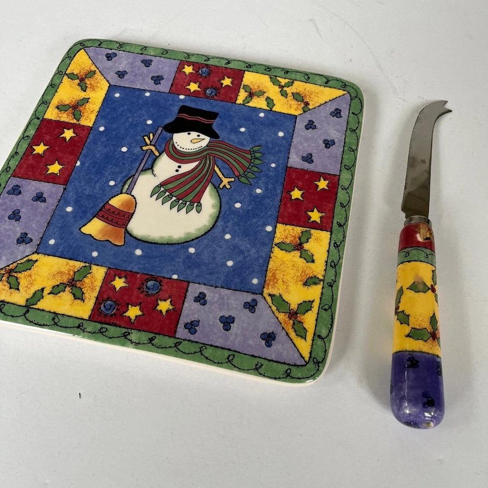 Vintage Christmas Cheese Tray with Knife by Sango in Original Box